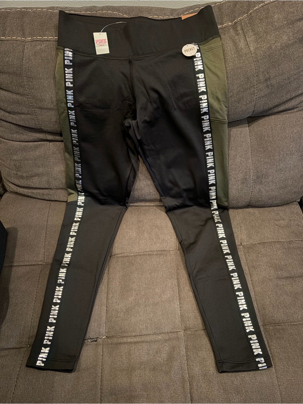 PINK Victoria's Secret Black Active Leggings with Olive Side Panels